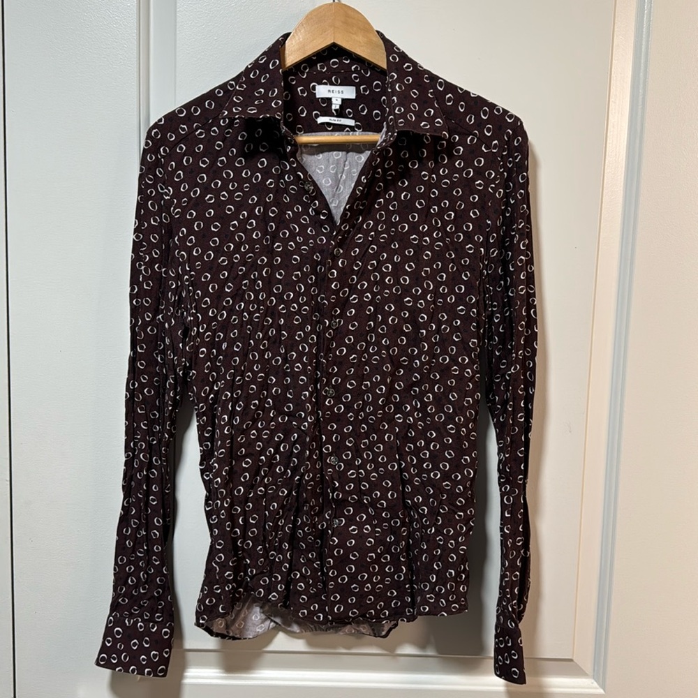 Reiss Burgundy white and black patterned viscose button down size small